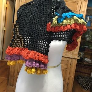 Crochet shawl black with ruffles